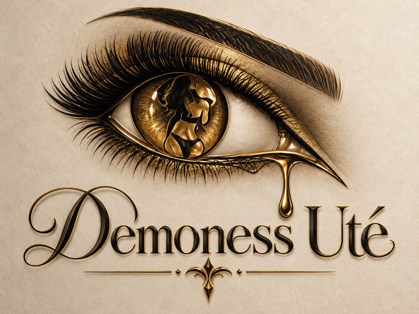 Demoness Uté golden eye emblem with a woman's silhouette within the iris, above the Demoness Uté wordmark